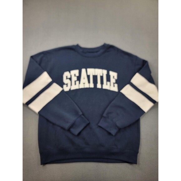 New York Popular Other - Seattle Sweatshirt Mens XL Navy Blue Fleece Crewneck Pullover Striped Sleeves